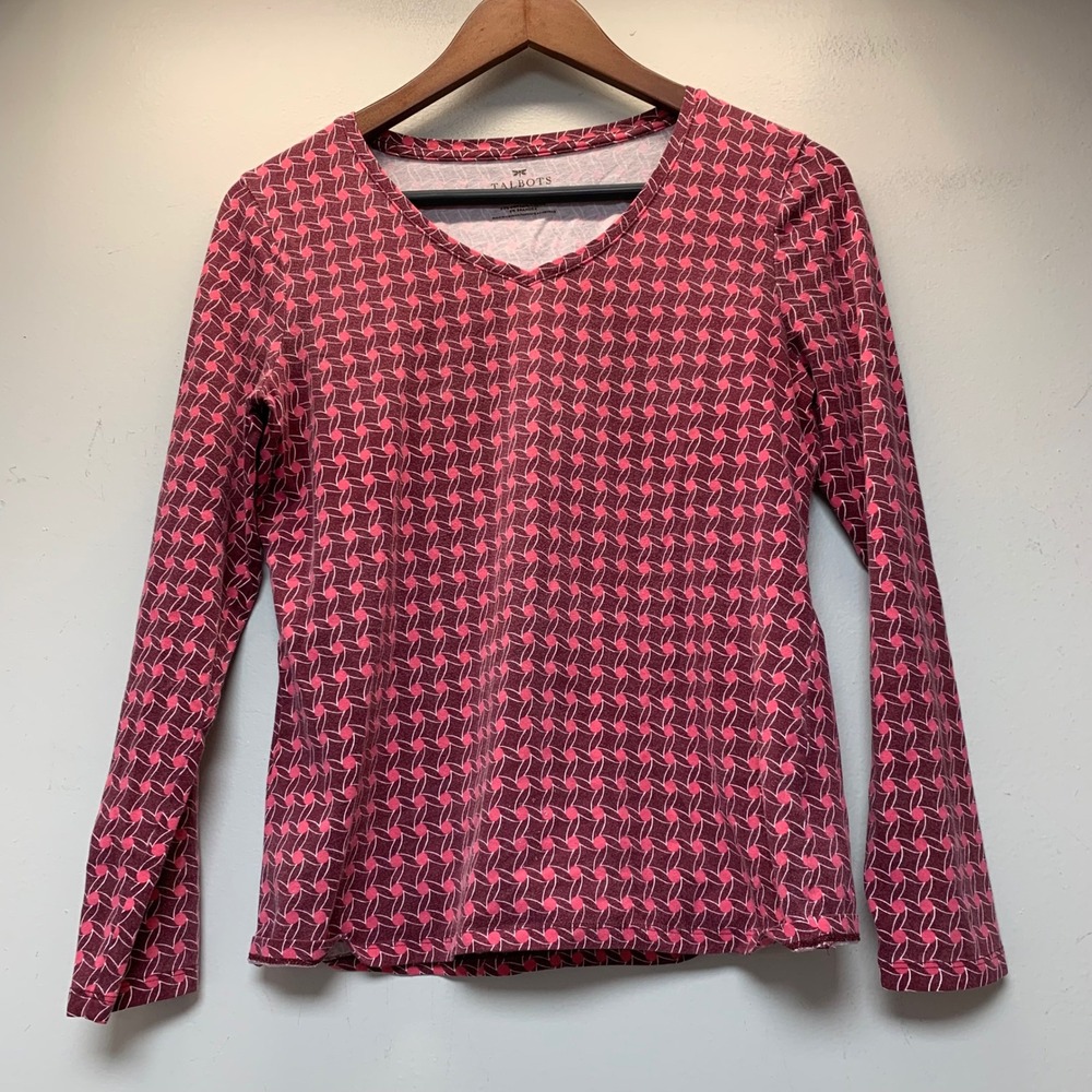 Talbots Top Women MP Pink Excellent Long Sleeve V-Neck Geometric Print Stretch